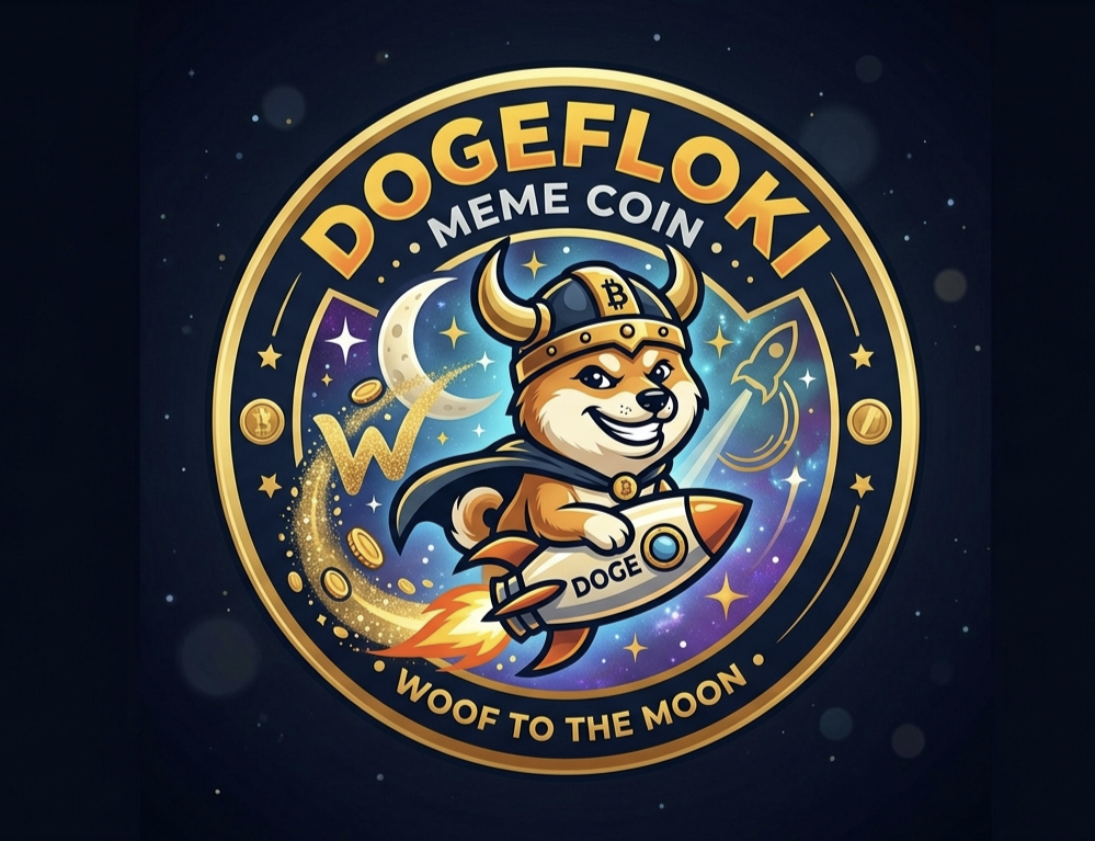 DogeFloki official token emblem — a Shiba Inu Viking riding a rocket through a starry galaxy